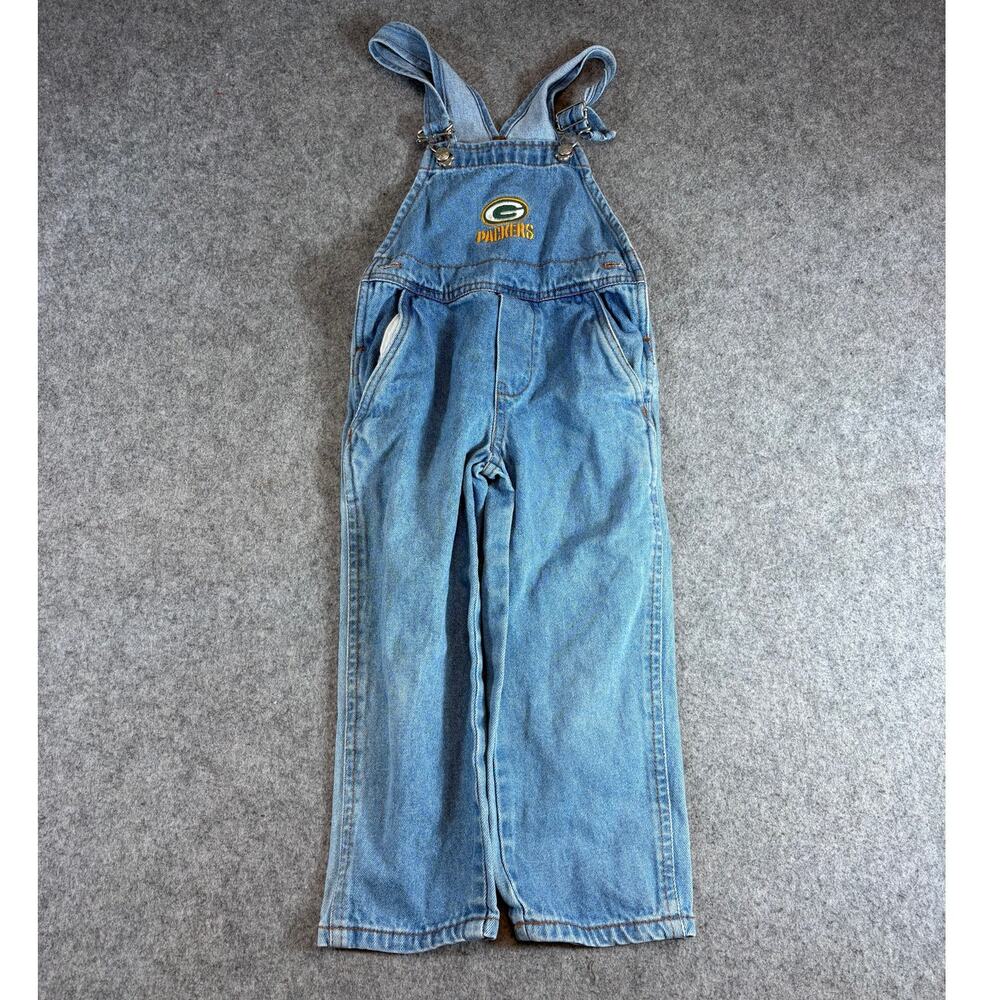 VTG 90s Green Bay Packers NFL Football Jumpsuit Kids Blue Denim Overall Size 4T